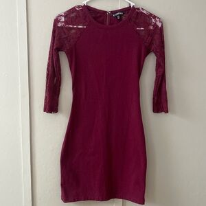 Express Burgundy Wine Bodycon Dress with Lace Sleeves, Size XS